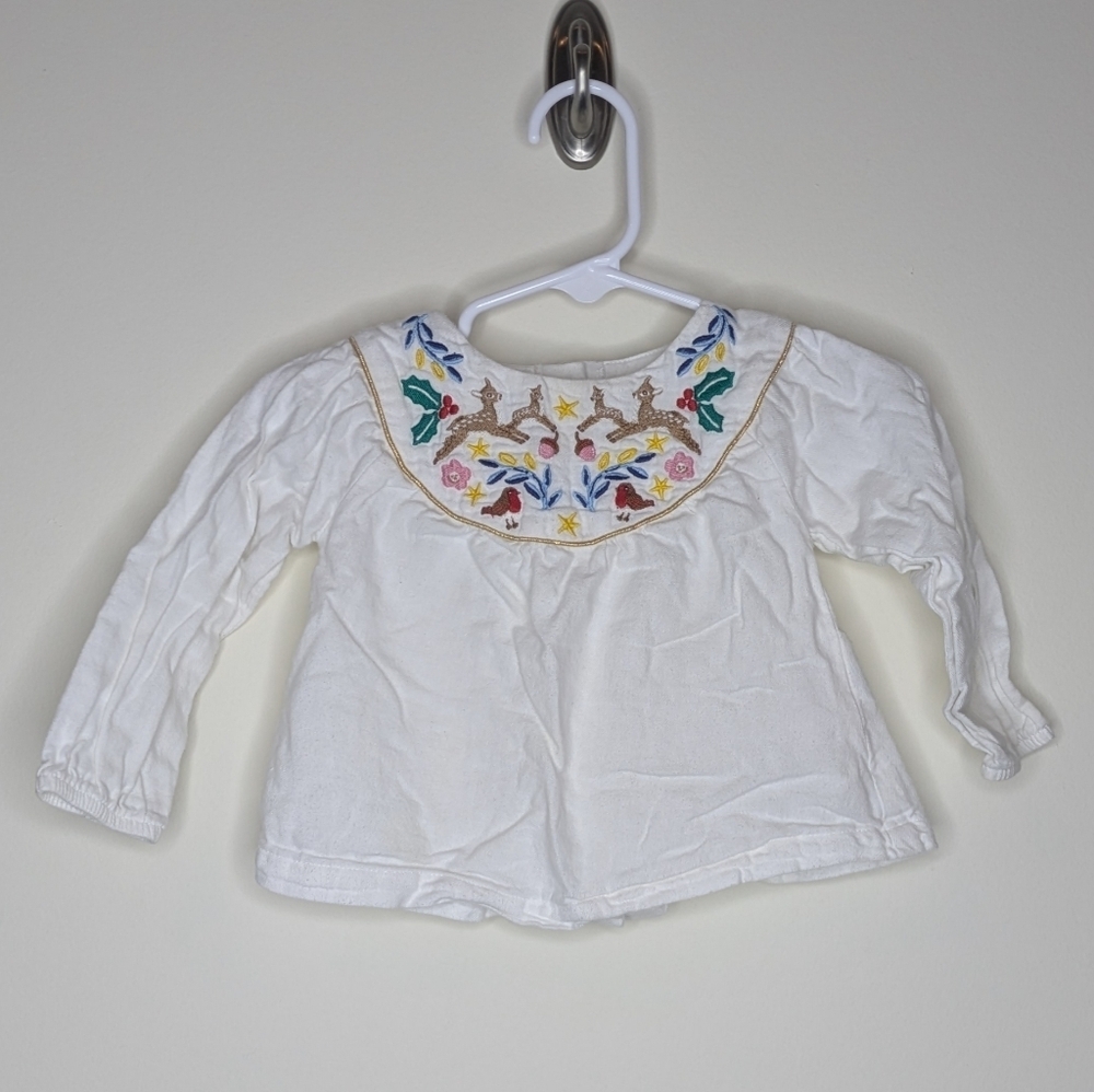 Baby Boden Deer Bird Embroidered Shirt 6-9m